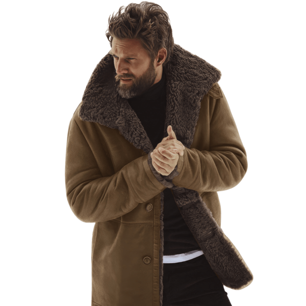 Brown Genuine Suede Sherpa Shearling Faux Fur Lined Single Breasted Leather Coat
