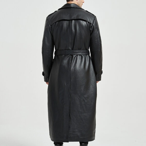 Men’s Black Genuine Sheepskin Lapel Quilted Long Leather Trench Coat - Image 2