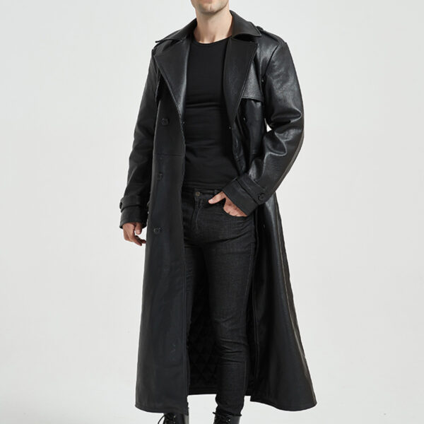 Men’s Black Genuine Sheepskin Lapel Quilted Long Leather Trench Coat - Image 3