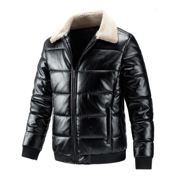 Men’s Black Genuine Lambskin Padded Sherpa Shearling Faux Fur Puffer Leather Jacket - Image 3