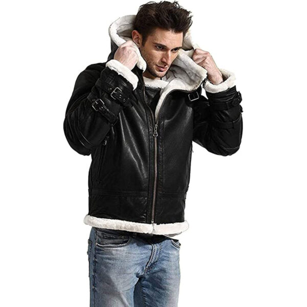 Winter Aviator Bomber White Fur Black Leather Jacket - Image 3