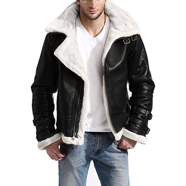 Winter Aviator Bomber White Fur Black Leather Jacket - Image 2