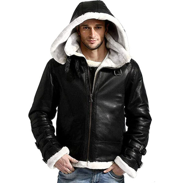 Winter Aviator Bomber White Fur Black Leather Jacket