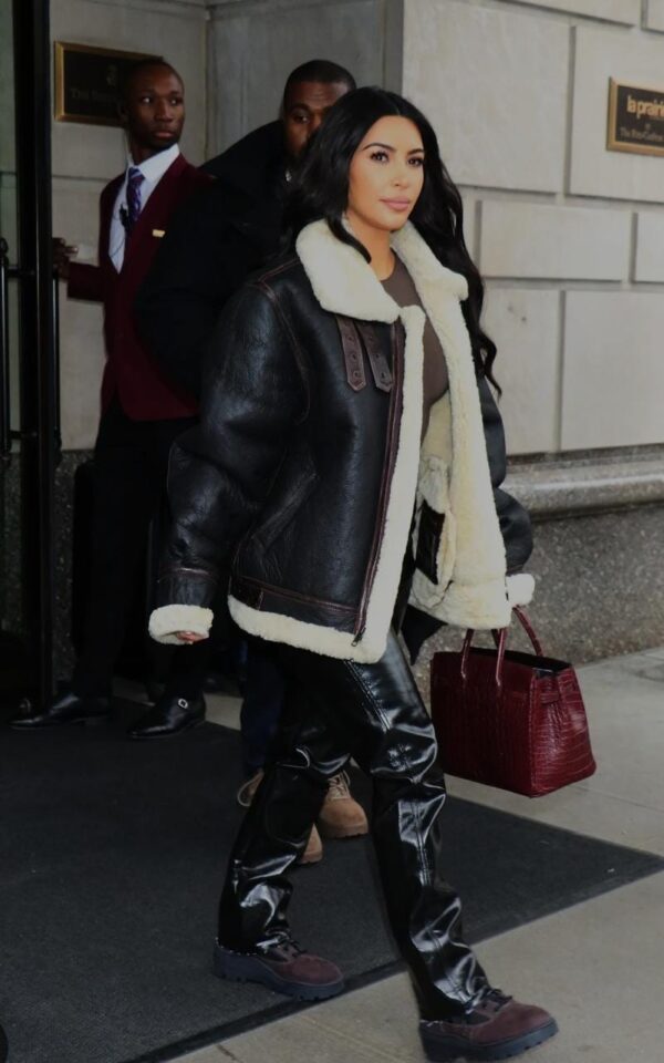 Elevate Your Style with the Kim Kardashian Black and White Shearling Leather Jacket