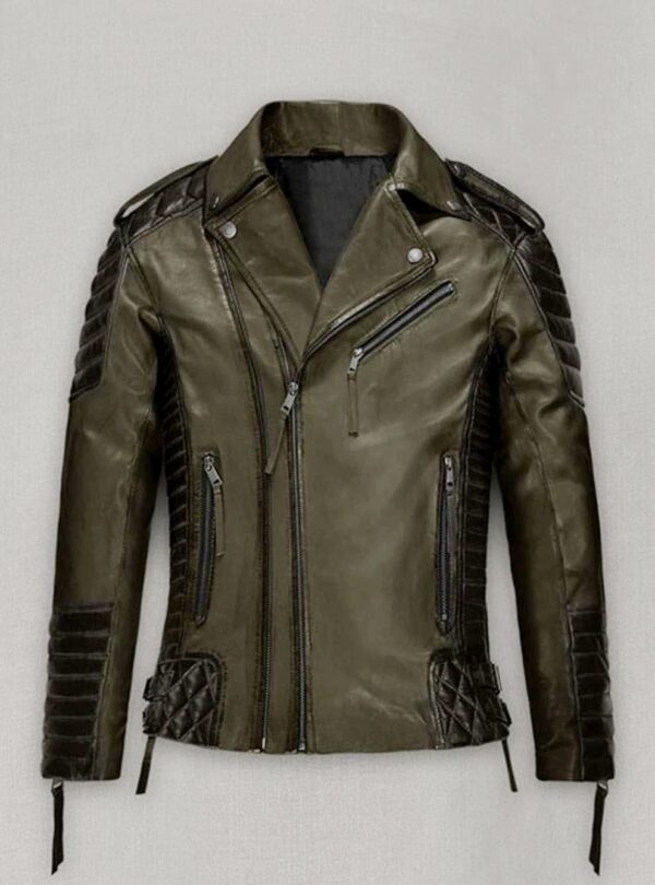 Olive Leather Jacket with Asymmetric Zipper