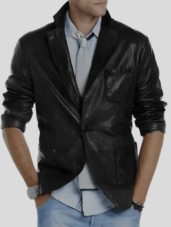 Black Lapel Leather Blazer for Men
