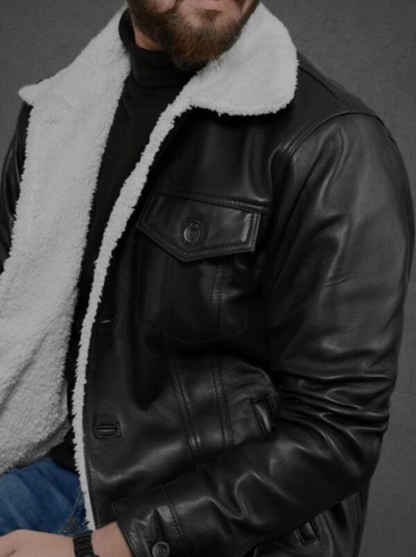 Black Leather Jacket with White Faux Fur Lining - Image 4