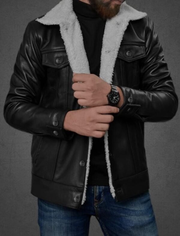 Black Leather Jacket with White Faux Fur Lining
