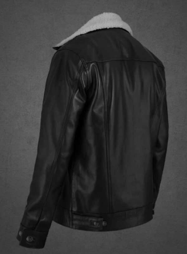 Black Leather Jacket with White Faux Fur Lining - Image 2